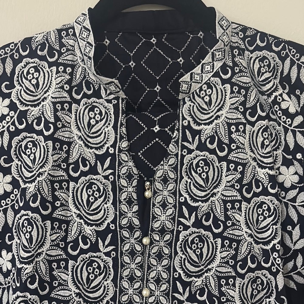 Navy and White Embroidered 3 pc suit size L semi formal - Picture 2 of 7